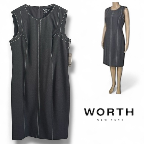 WORTH NEW YORK WOOL BLEND GRAY WHITE STRAIGHT SHEATH DRESS SZ 14 NWT - Picture 1 of 4